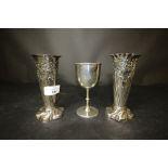 Pair late Victorian pierced silver vases by W & G Sissons, London 1896 and a Victorian silver