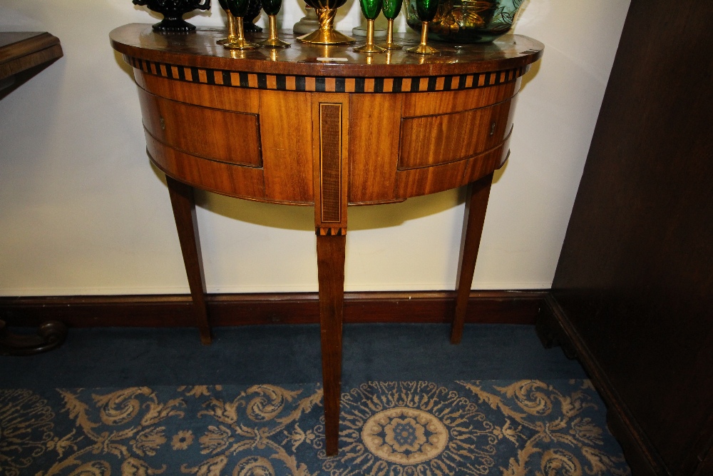 19th Century mahogany and walnut veneered demi-lune side table of Dutch design, fitted two