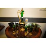 Green and gilt glass decanter, six glasses (A/F) and mixed glass