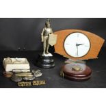 British zone Germany Knight table lighter, retro clock, cap badges, tape measure etc