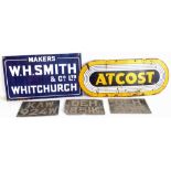 "Atcost" and "W.H.Smith" enamel sign and three number plates. Condition reports are not availabe for