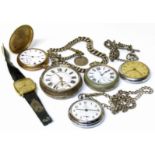 Large Silver pocket watch and silver chain, together with five other watches one Broad Arrow marked.