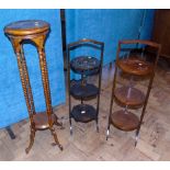 Two oak and mahogany afternoon tea stands and a jardinier stand. Condition reports are not