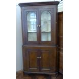 19th century oak grained full length corner cupboard with glazed upper portion 103cm wide, 206cm