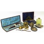 An assortment of items to include a silver ink blotter, a brass globe inkwell, Cloisonné jar, a