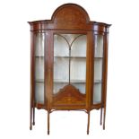Edwardian mahogany display cabinet, arched pediment with classical urn and floral spray inlay