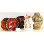 Poole vase, two dishes and shop display sign, also a Maiolica vase and Staffordshire figure