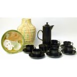 Minton secessionist plate, Wedgwood black glazed coffee set and a price Kensington vase Condition