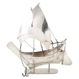 Sharjah House of Silver model of a dhow , plain polished body and sail with 'rope' twist chains,