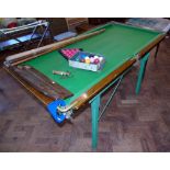 Oak framed table top snooker table, 165 x 86cm complete with Riley scoreboard, triangle, 7 cues, set