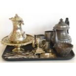 Silver ashtray, three embossed silver coloured shades, misc. pewter and silver plate. Condition