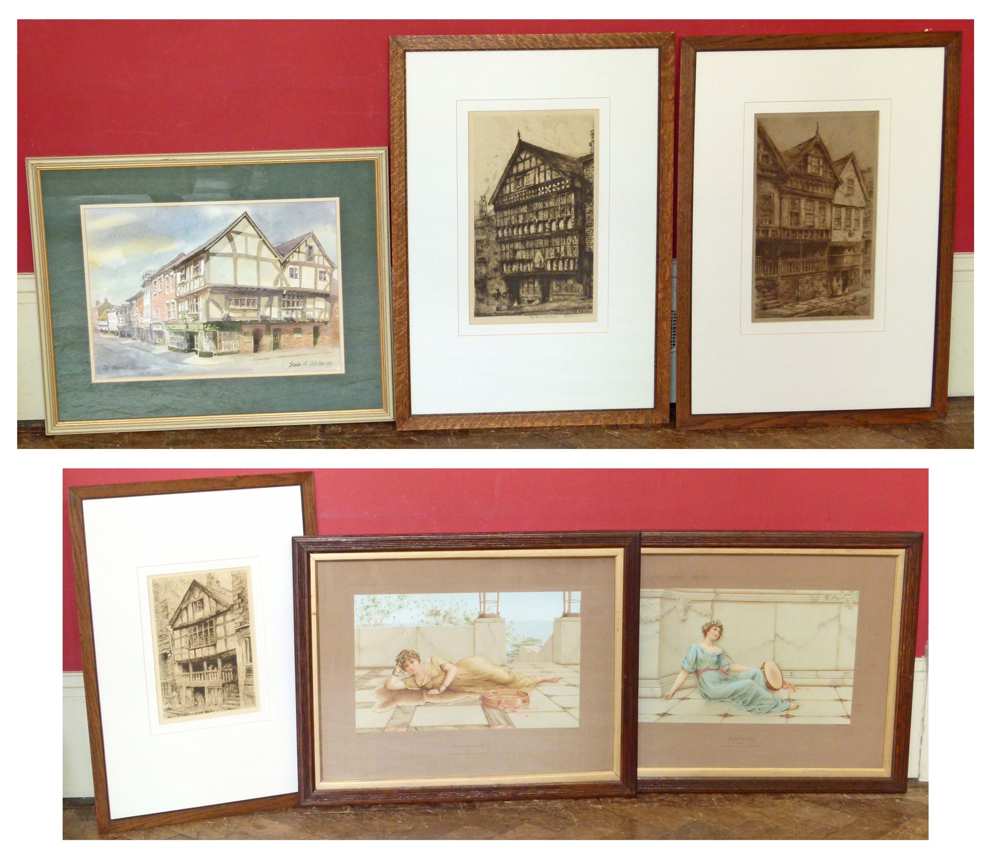Assortment of various framed artworks to include etchings of Chester, watercolour of Shrewsbury by