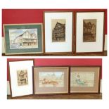 Assortment of various framed artworks to include etchings of Chester, watercolour of Shrewsbury by