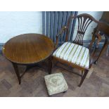 Edwardian mahogany low occasional table 76cm diameter, a mahogany elbow chair with pierced splat