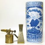 Brass "Monitor" blow lamp, Syrian/Islamic brass vase and blue/white stick stand. Condition reports