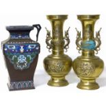 Two brass Japanese vases and a champleve pot (missing lid) Condition reports are not availabe for