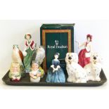 Three Royal Doulton ladies, two eagle decanters, two jugs and a pair of Beswick dogs Condition