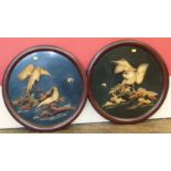 A pair of Oriental ivory and bone carved birds on laquered wall mounts Condition reports are not