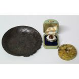 Lover's Eve ring, Japanese dish and a jade ring. Condition reports are not availabe for our