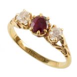 Ruby and diamond 3-stone 18ct yellow gold ring , central round mixed cut red spinel measuring