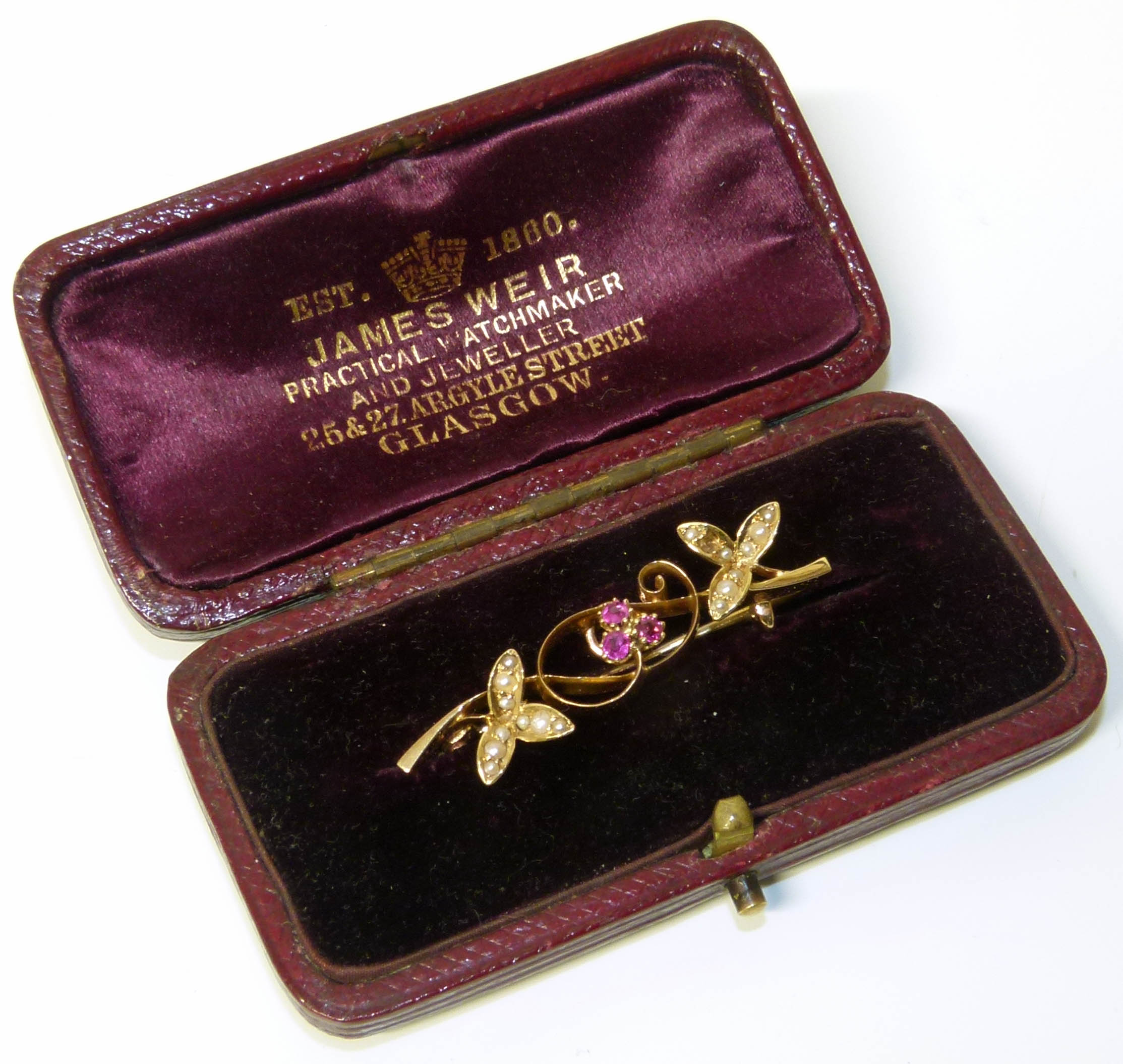 9ct gold ruby, seed pearl bar brooch Condition reports are not available for our Interiors Sales.