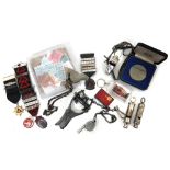 Collection of bus related items, to include a safe driving medal, safe conducting medal, B.M.M.O.