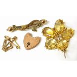 Sweetheart brooch, 9ct gold padlock and yellow metal brooch. Condition reports are not available for
