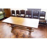 Plank top refectory table, light oak and four single and two carver chairs Condition reports are not