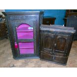 An oak carved, front glazed corner cupboard and one other Condition reports are not available for