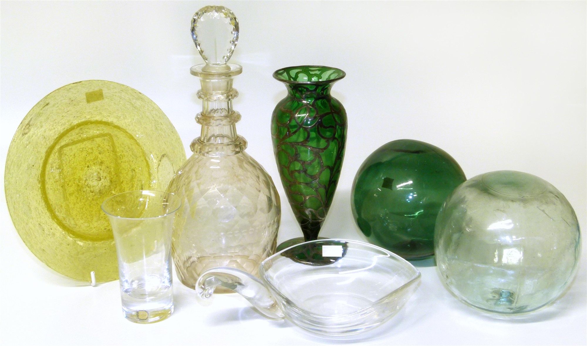 Silver enamel overlay glass vase, Steuben dish, 19th C Decanter, two boat bouys and other glassware.