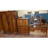 Reproduction mahogany and inlaid three piece bedroom suite, two door wardrobe, tallboy with dressing