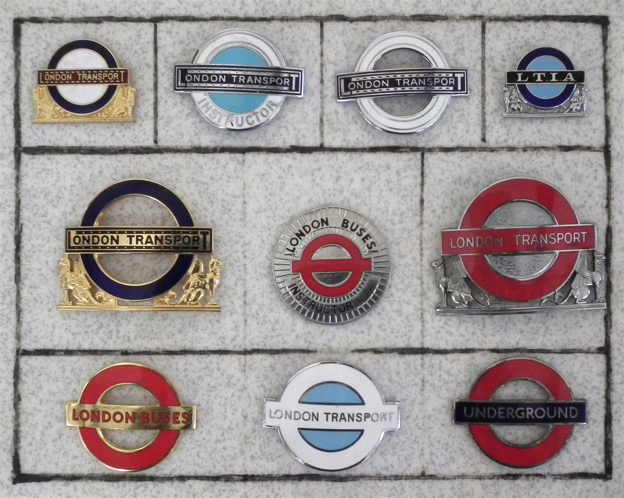Nine London Transport bus and underground enamel cap badges