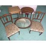 Pair of Edwardian rosewood and inlaid parlour chairs, two early 20th century occasional tables and