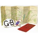 Marcos enamel car badge, GB AA aluminium badge and a Daily Mail Road map.