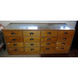 Early 20th century oak framed sixteen drawer Haberdashery counter shop display unit 178cm wide