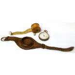 Boxwood treen miniature tape measure also a continental lady's pocket watch with strap Condition