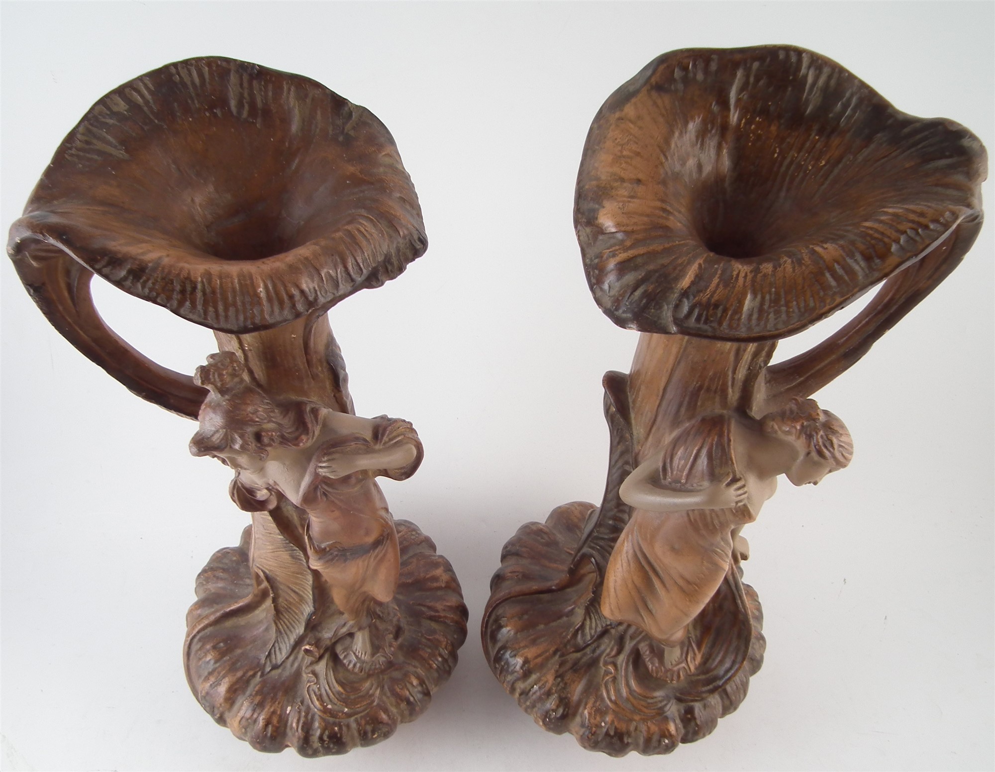 Pair of Painted plaster Art Nouveau ewers, moulded as gourds with leafwork spouts and handles, - Image 4 of 6