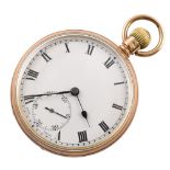 9ct gold open face pocket watch , enamelled dial, subsidiary seconds, steel plate, crown winding