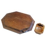 Robert 'Mouseman' Thompson bread board, adzed oak carved with a mouse, 30.5cm wide, also an