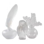 Lalique owl, together two scent bottles one with opalescent stopper, etched marks to bases, the