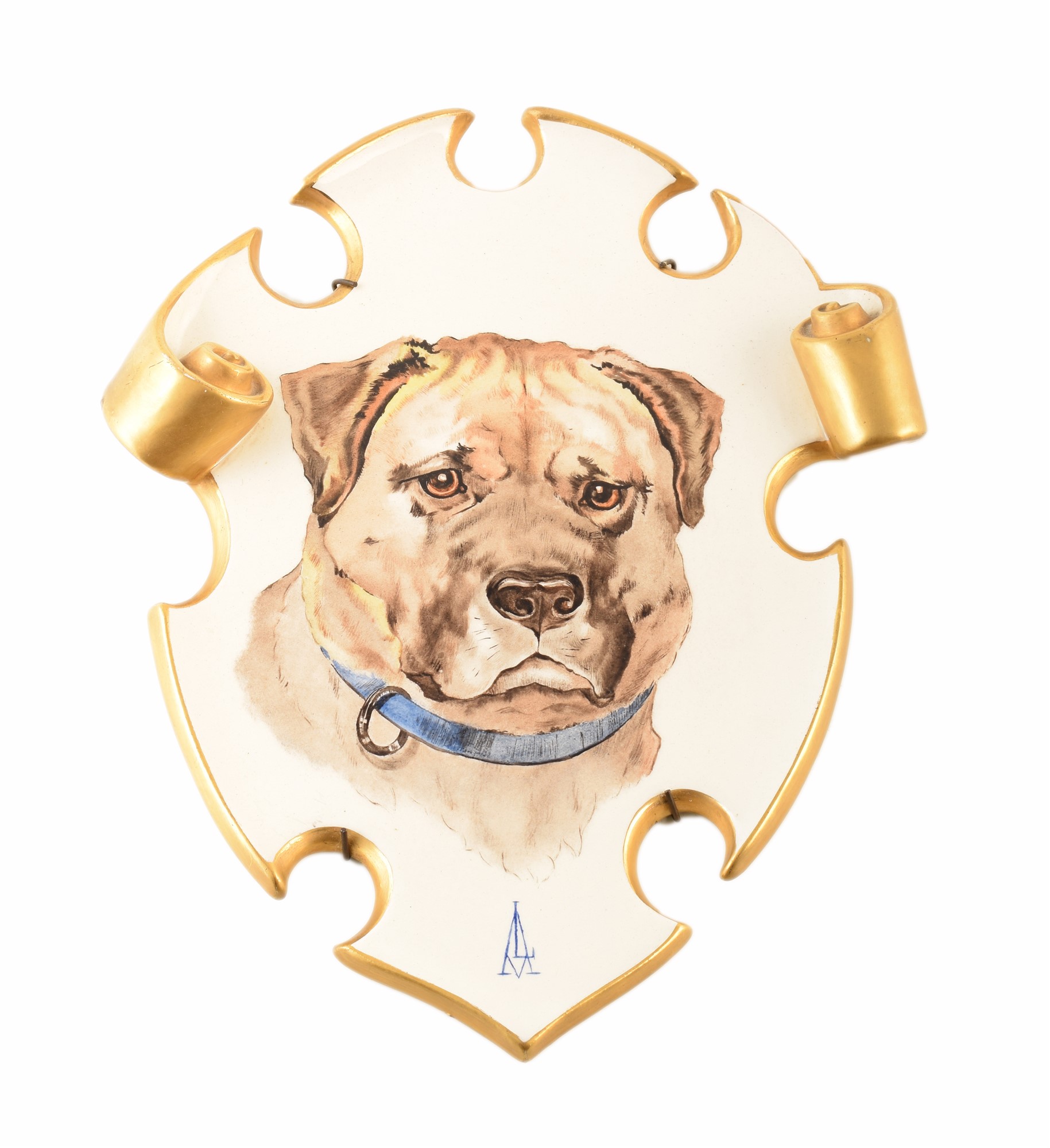 Pottery wall plaque hand painted with a Mastiff dog ,with scroll moulded border, monogrammed AL,