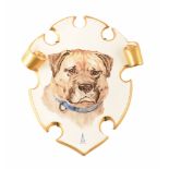 Pottery wall plaque hand painted with a Mastiff dog ,with scroll moulded border, monogrammed AL,