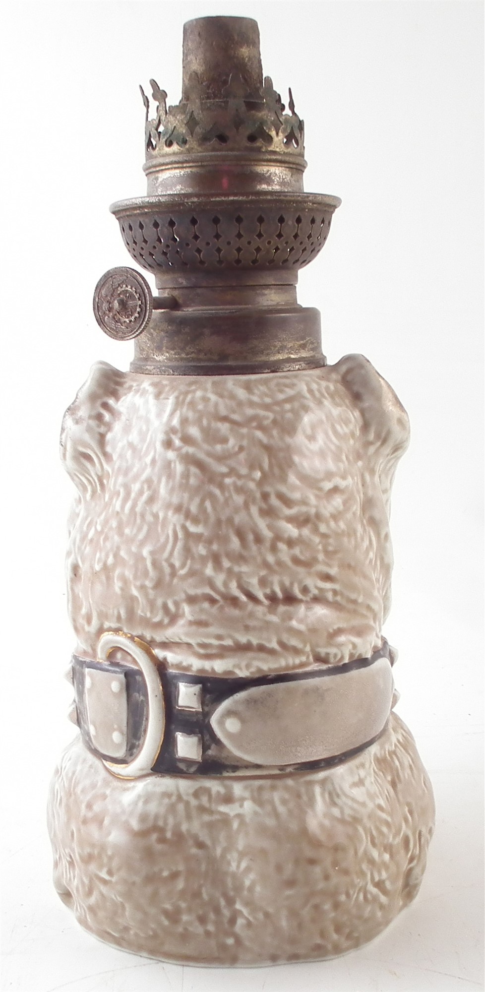 Continental porcelain dog head oil lamp base, fitted with glass eyes, late 19th century, 23.5cm high - Image 5 of 6