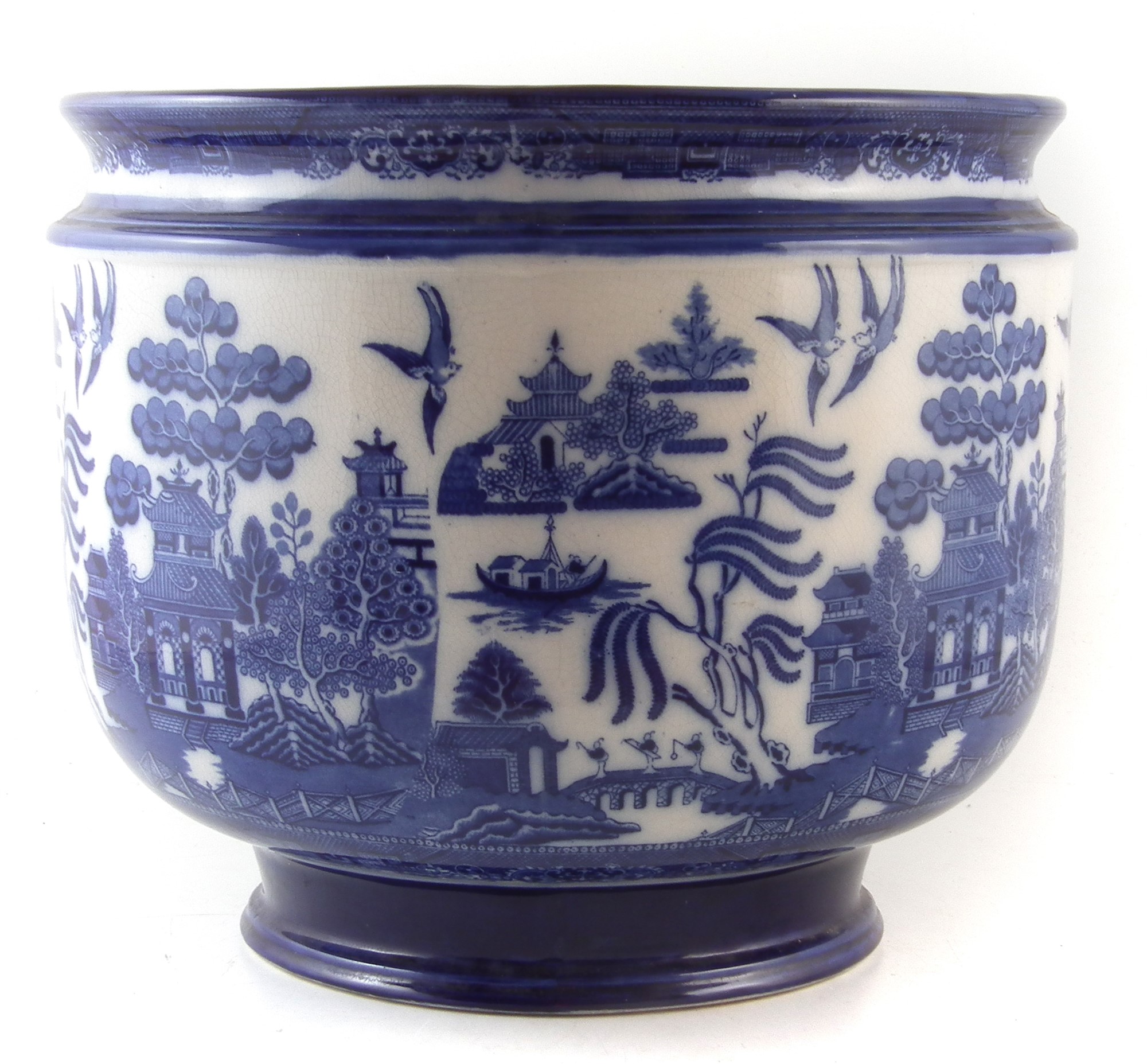 Doulton Burslem Willow pattern jardinière , 38cm diameter For condition reports go to www.