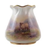 Royal Worcester vase signed by Harry Davies, painted with sheep in a landscape, black printed