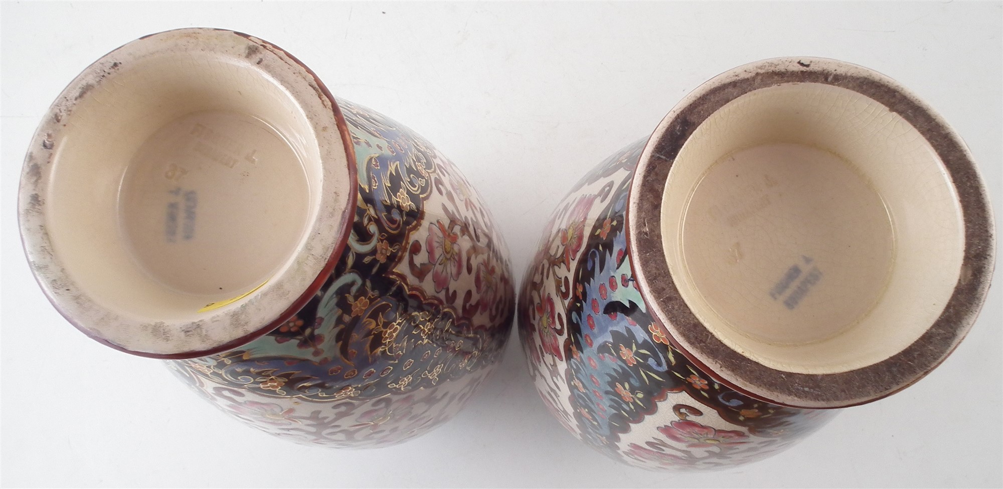Pair of Fischer vases, decorated with densely scrolling floral patterns, impressed and printed marks - Image 4 of 6