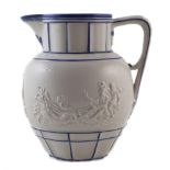 Staffordshire Lord Nelson commemorative jug, sprig moulded with a tall ship below the spout, the