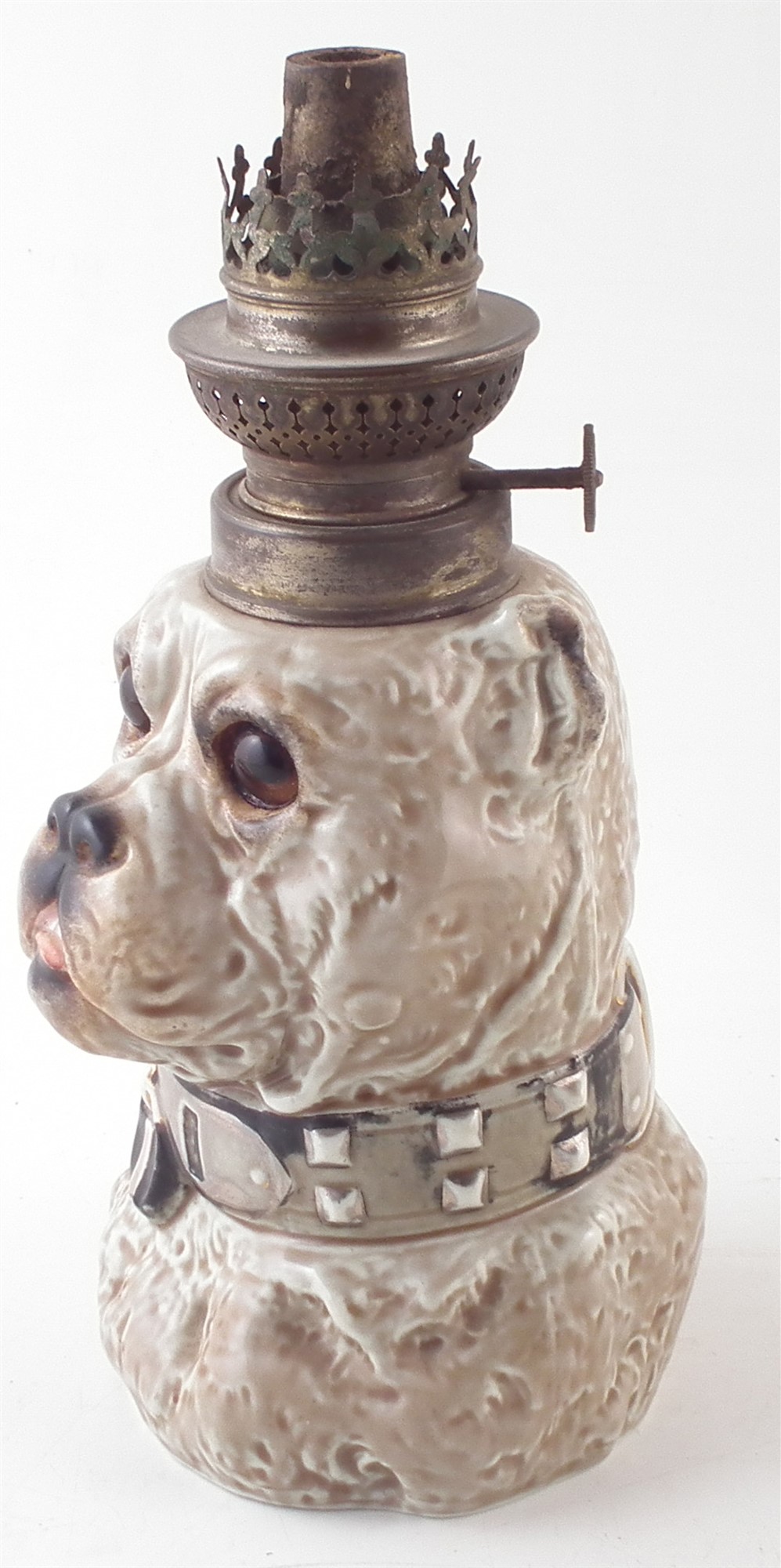 Continental porcelain dog head oil lamp base, fitted with glass eyes, late 19th century, 23.5cm high - Image 2 of 6
