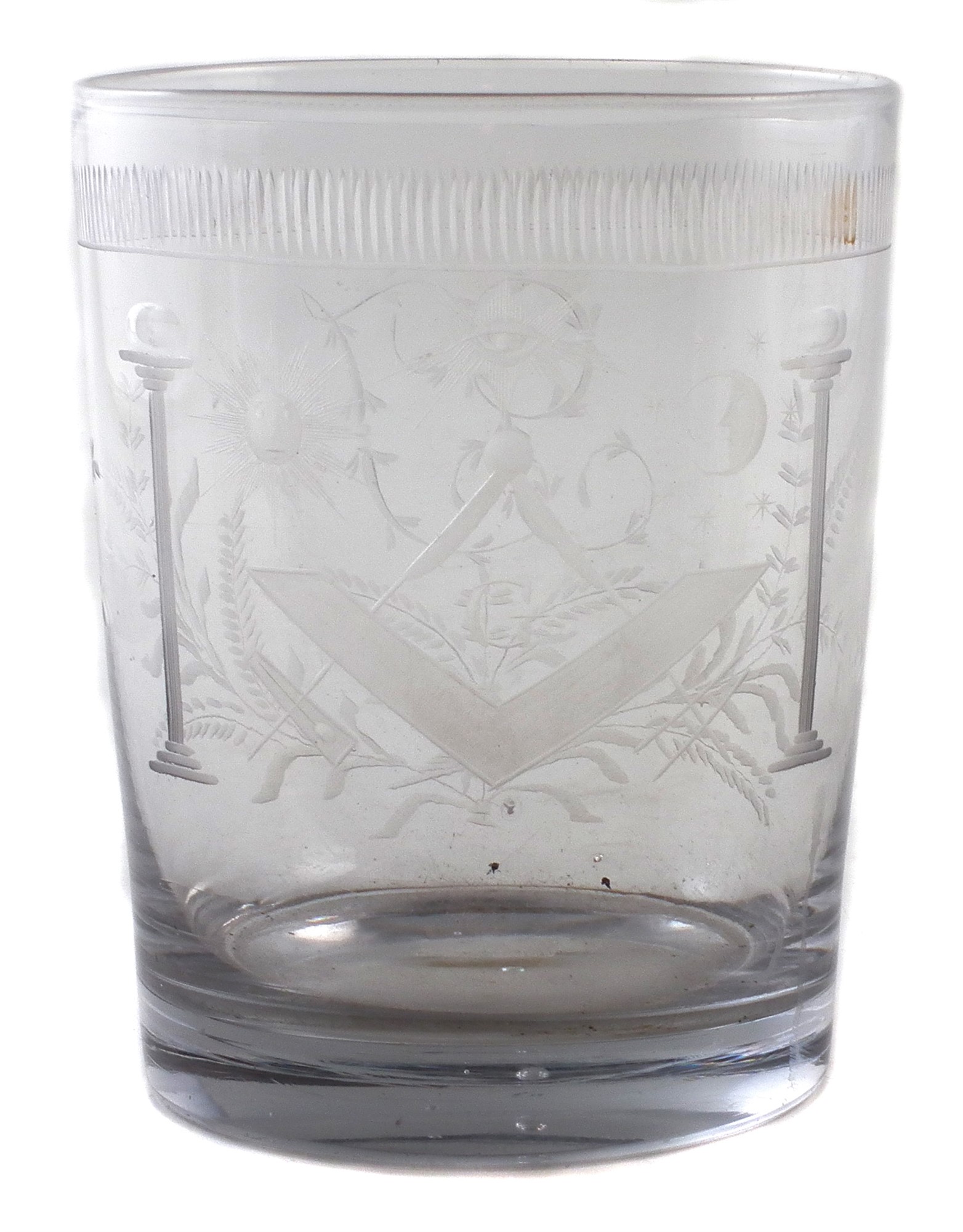 Masonic glass beaker, engraved with dividers surrounding the letter 'G' sun and moon and twin