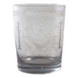 Masonic glass beaker, engraved with dividers surrounding the letter 'G' sun and moon and twin